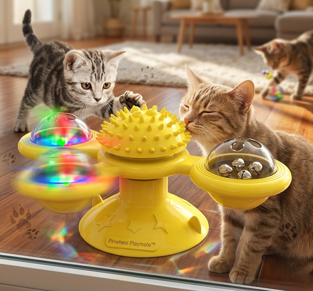 Cat Entertainment Set- Interactive Rotating Disk, Feather Teasers, Tumbler, Windmill Toy - Keeps Cats Active & Engaged